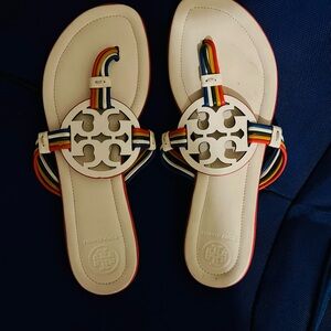 Tory Burch White Leather Sandals with Multicolor Straps